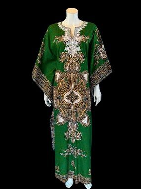 90s Emerald Green & Mustard Gold Wax Print Embroidered Kaftan Dress | OSFM